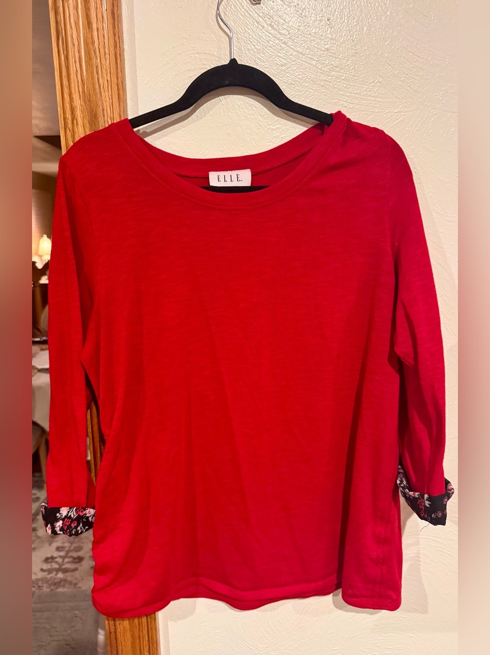 Elle Bright Red Long Sleeve Top with Floral Cuff Detail